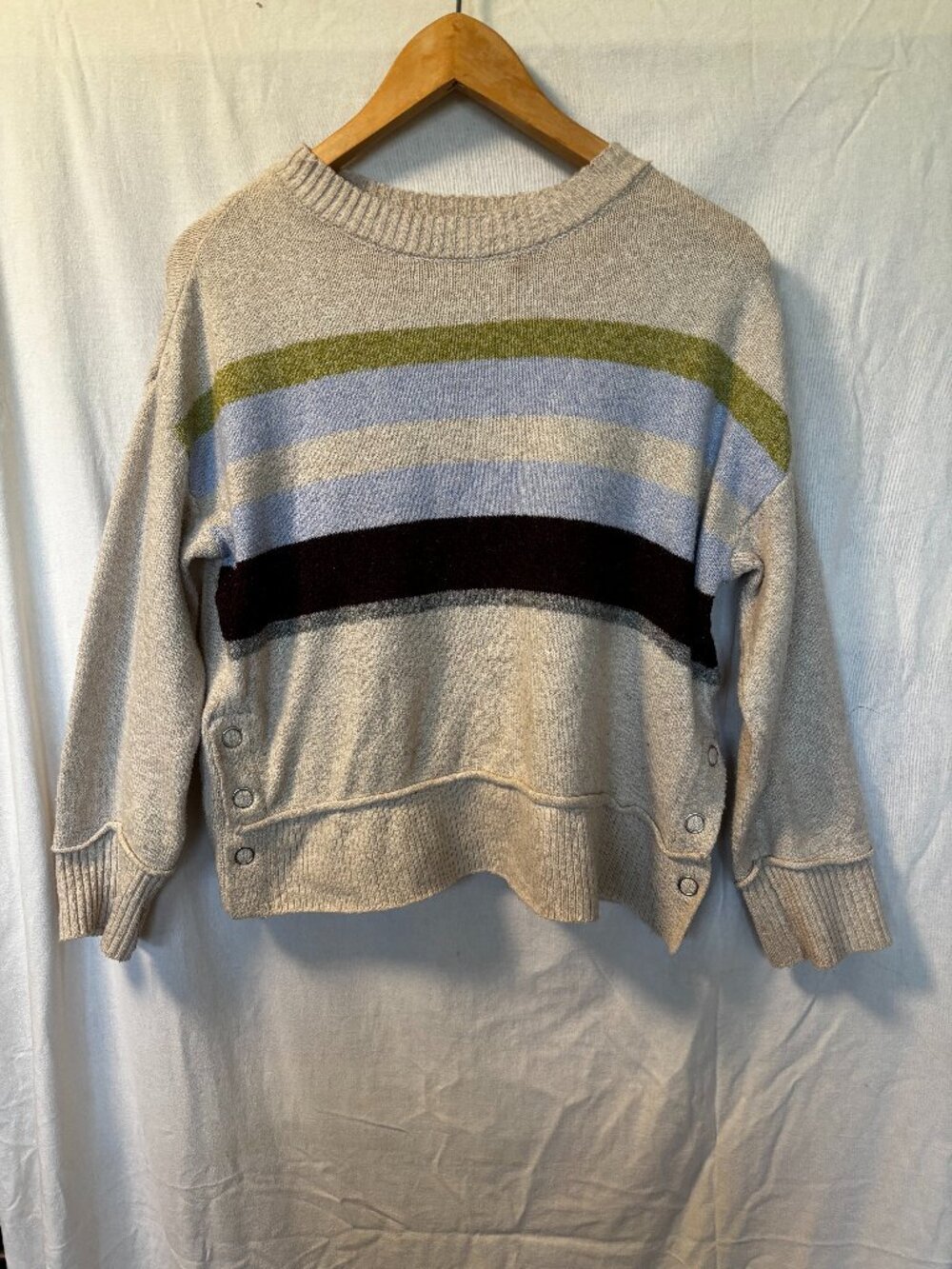 Cozy Striped Crewneck Sweater in Cream with Blue, Olive, and Maroon Bands.